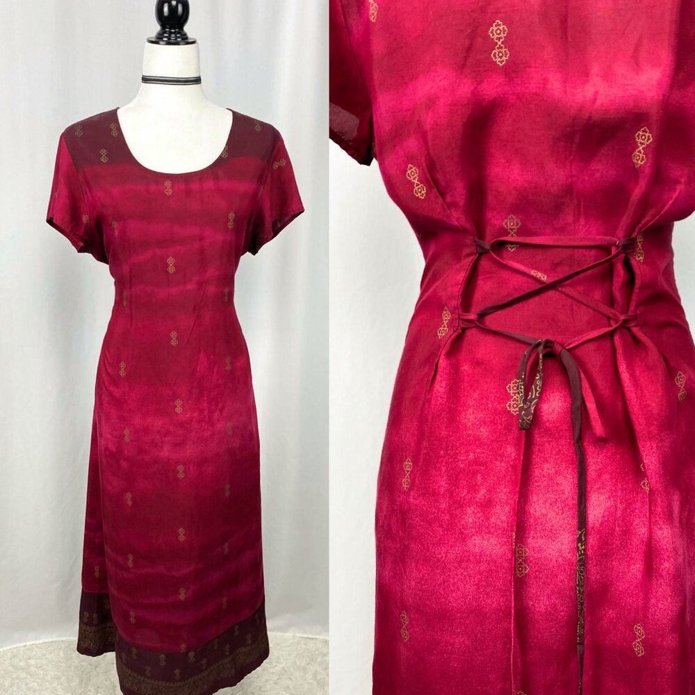Vintage Burgundy Maxi Dress with Gold Motif